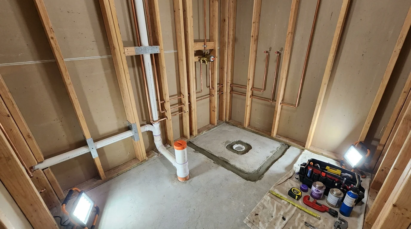 Bathroom rough-in plumbing during remodel by Johns Plumbing LLC in Hesperia