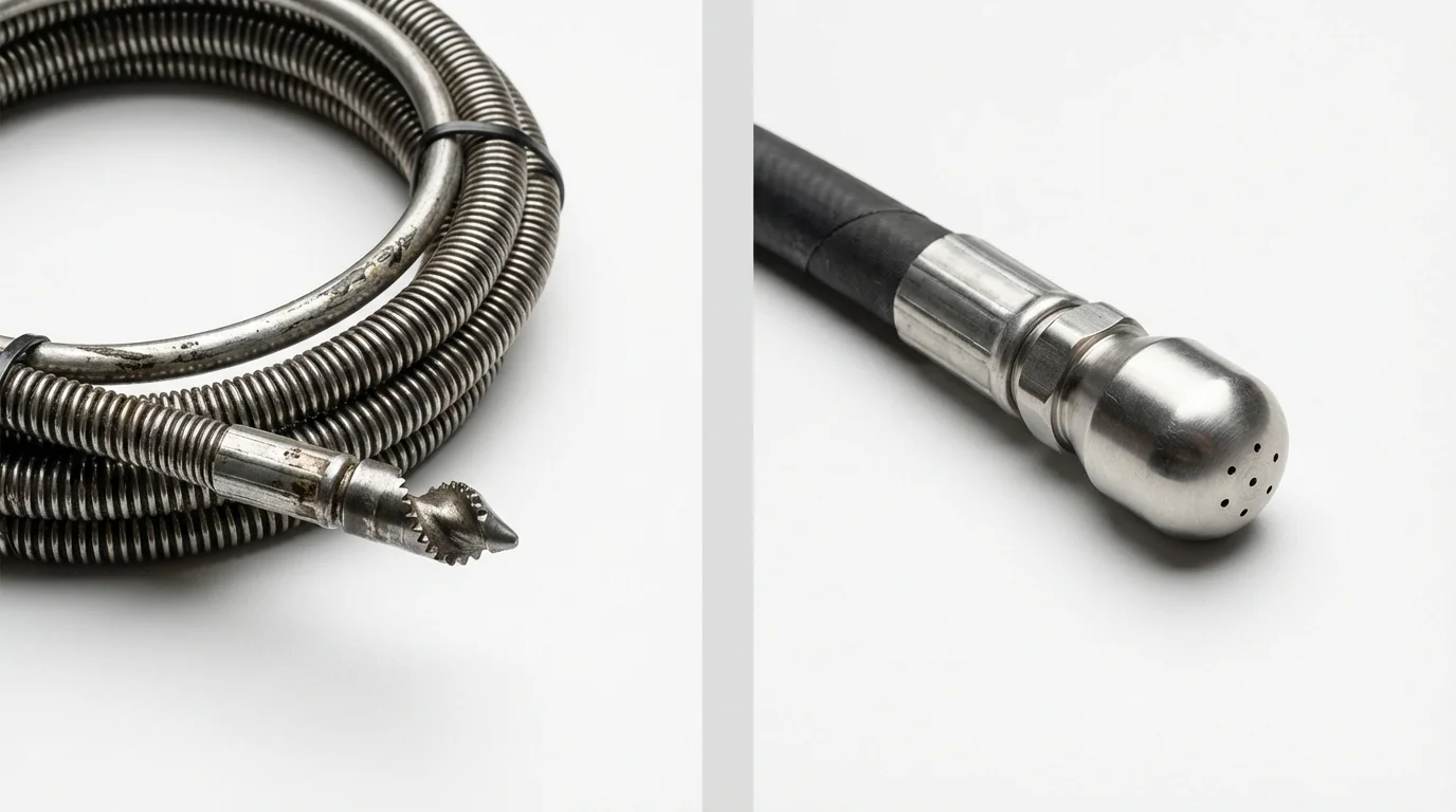 Drain snake cable and hydro jetting nozzle used for drain cleaning in Hesperia, CA