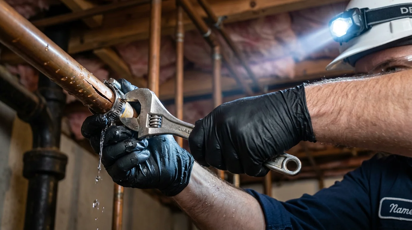 Emergency pipe clamp repair being performed by a Johns Plumbing LLC plumber in Hesperia