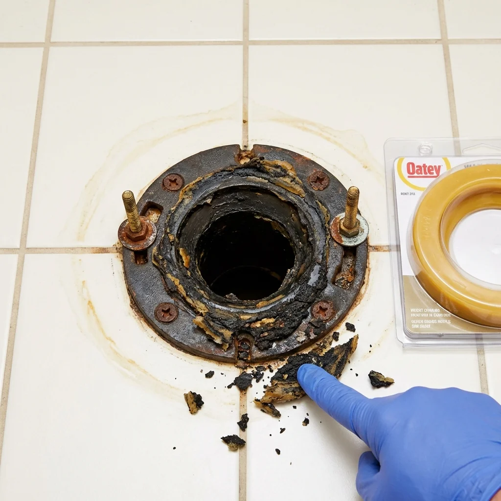 Failed wax ring showing water seepage at the base of a toilet in a Hesperia, CA home